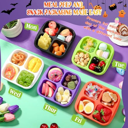 Honeydak 5 Pack Snack Containers 4 Compartment Bento Snack Boxes Reusable Lunchable Containers with Lids Divided Meal Prep Lunch Food Storage Box for School Work Travel(Halloween,Equal) - color: Halloween, style: Equal