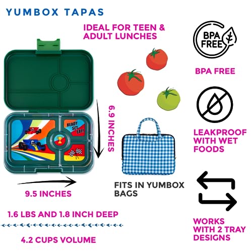 Yumbox Tapas Leakproof Bento Box, 4 Compartments, Greenwich Green | Sandwich-Friendly | Large 4.2-Cup Capacity | Removable Compartment Tray | Easy-Open Single Latch | Wrap & Bagel Friendly - color: Greenwich Green Race Cars