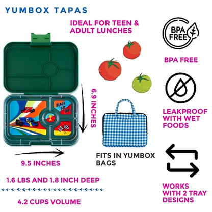 Yumbox Tapas Leakproof Bento Box, 4 Compartments, Greenwich Green | Sandwich-Friendly | Large 4.2-Cup Capacity | Removable Compartment Tray | Easy-Open Single Latch | Wrap & Bagel Friendly - color: Greenwich Green Race Cars