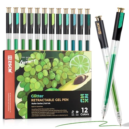 Retractable Glitter Gel Pens, 12 Colors Large Capacity Green Glitter Metallic Gel Ink Pen, 1 mm Fine Point Smooth Writing Color Pens for Adult Coloring Book Note Taking Aesthetic Art Supplies - color: 12 Green