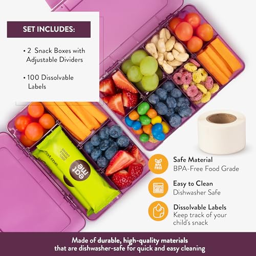 Snack Box Containers Set of 2-Reusable,100 Dissolvable Labels, 8 Adjustable Compartments, Dishwasher Safe, BPA-Free, Meal Prep Container, PARENT TESTED PARENT APPROVED AWARD (2 Pack) (Purple) - color: Purple, size: Small