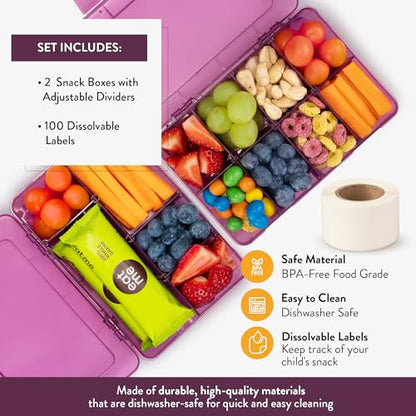Snack Box Containers Set of 2-Reusable,100 Dissolvable Labels, 8 Adjustable Compartments, Dishwasher Safe, BPA-Free, Meal Prep Container, PARENT TESTED PARENT APPROVED AWARD (2 Pack) (Purple) - color: Purple, size: Small