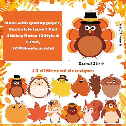Zhanmai 1200 Pcs Thanksgiving Fall Sticky Notes Bulks Thanksgiving Memo Notepads Turkey Pumpkin Squirrel Maple Leaf Sticky Notes Fall Self-Stick Pads Autumn Gifts - style: Fall Style