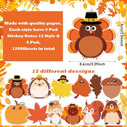 Zhanmai 1200 Pcs Thanksgiving Fall Sticky Notes Bulks Thanksgiving Memo Notepads Turkey Pumpkin Squirrel Maple Leaf Sticky Notes Fall Self-Stick Pads Autumn Gifts - style: Fall Style