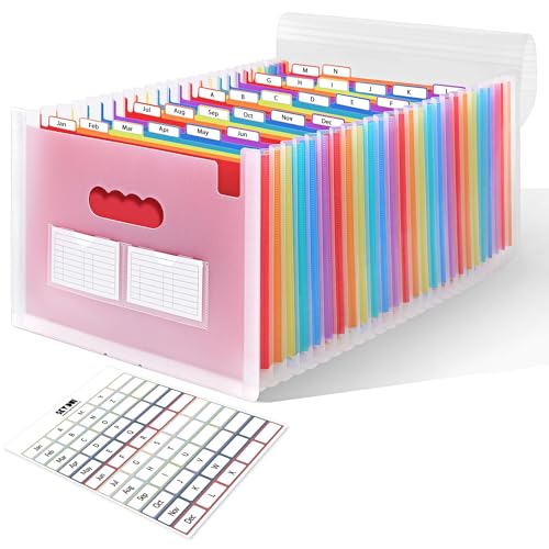 SKYDUE Accordion File Organizer with 26 Pockets & Label Stickers, Expanding File Folders Fit for A4 & Letter Size Paper, Multi-Functional Document Organizer for Home & Office File Management - color: Transparent