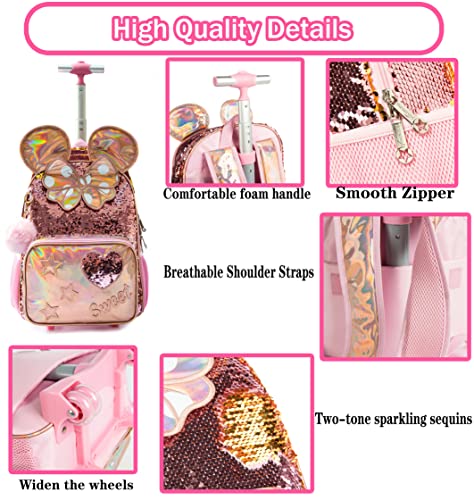 Girls Kids Rolling Backpack with Wheels Trolley School Bag Waterproof Travel Luggage for Kids Girls and Students lunch bag Lightweight and Multi functional 5-10 Years Old - color: C