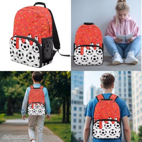 Red Ice Cream Soccer Ball 3PCS Backpacks for School 3 in 1 Lightweight 17 Inch Daypacks for Boys Girls School Bag with Insulated Lunch Box Pencil Case - color: Red Ice Cream Soccer Ball