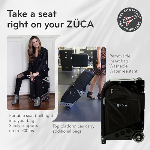 ZUCA Travel Cases for Artists & Professionals - Makeup Case with 4 Vinyl Utility Pouches, Travel Cover, 41" Telescoping Handle, Rolling Wheels & Sturdy Aluminum Frame for Makeup Artists and Creatives - color: Black w/ Black Frame, style: Pro