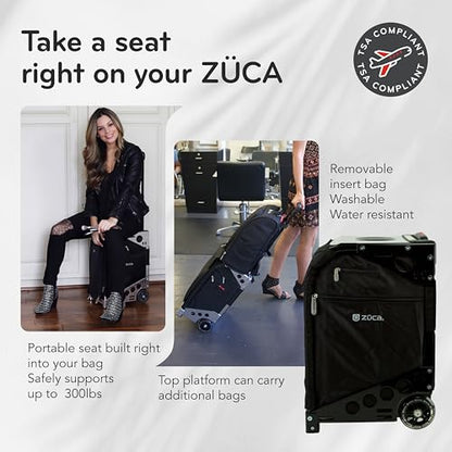ZUCA Travel Cases for Artists & Professionals - Makeup Case with 4 Vinyl Utility Pouches, Travel Cover, 41" Telescoping Handle, Rolling Wheels & Sturdy Aluminum Frame for Makeup Artists and Creatives - color: Black w/ Black Frame, style: Pro