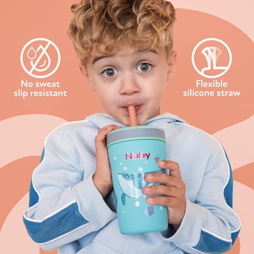 Nuby Thirsty Kids Insulated Toddler Cup with Silicone Flexstraw - 12 oz - Stainless Steel and Leak-Resistant - 18+ Months - Strawberries - color: Strawberries