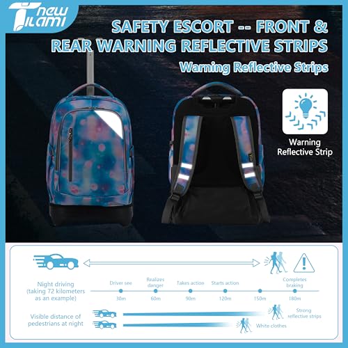NEW TILAMI 18-Inch 6-Wheel Rolling Backpack for Kids, Purple Star | Lightweight Wear-Resistant Adjustable Shoulder Straps, Padded Back Support Top Handle School Travel - color: Purple Star