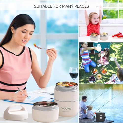 Voova Stackable Stainless Steel Thermal Lunch Box with Lunch Bag and Cultery Set for Adult Women Men, 3 Tier Leakproof & Microwave Safe Insulated Bento Boxes Food Container for Work, Black - color: Black