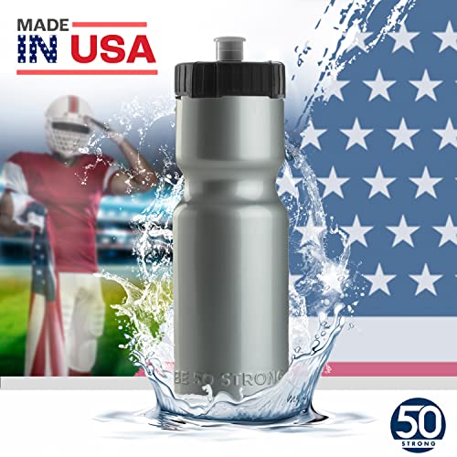 50 Strong Sports Water Bottles – Reusable 22 oz BPA-Free Plastic Bottles with Pull Top Cap – Made in USA – Top Rack Dishwasher Safe – Fits Most Bike Cages Brand - color: Silver, style: 2 Pack