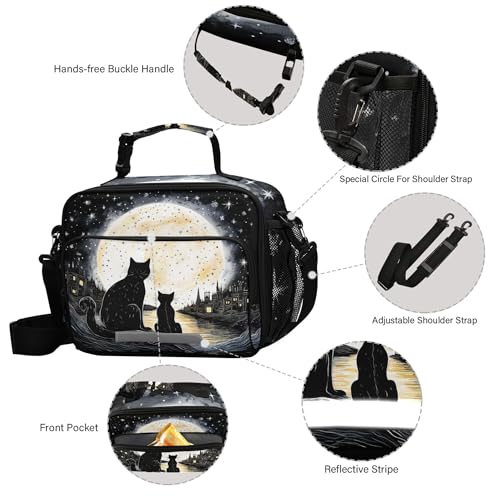 MNSRUU Student Lunch Bag Black Cat Insulated DinnerTotes Picnic Bag Lunch Box with Adjustable Shoulder Strap for Teen Kids Adults - color: Cat I0685