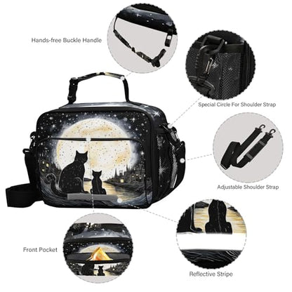 MNSRUU Student Lunch Bag Black Cat Insulated DinnerTotes Picnic Bag Lunch Box with Adjustable Shoulder Strap for Teen Kids Adults - color: Cat I0685