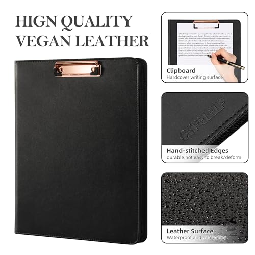 Ospelelf Zippered Padfolio Portfolio Folder, Leather Clipboard with Storage, 3 Ring Binder 1 Inch,12.1” Tablet Sleeve, 5 Dividers with Pocket, Refillable Notepad, Card Slot (Classic Black) - color: Black-1