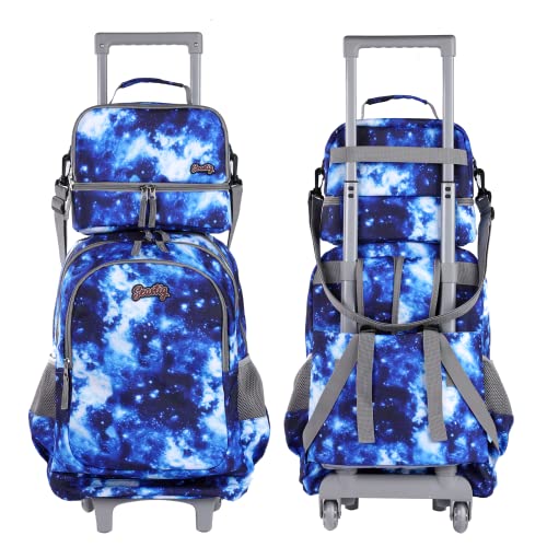 seastig Rolling Backpack 18in Double Handle Backpack Kids Wheeled Backpack Roller Backpack with Lunch Bag Set Girls Boys - color: Blue Starry Sky