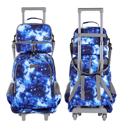 seastig Rolling Backpack 18in Double Handle Backpack Kids Wheeled Backpack Roller Backpack with Lunch Bag Set Girls Boys - color: Blue Starry Sky