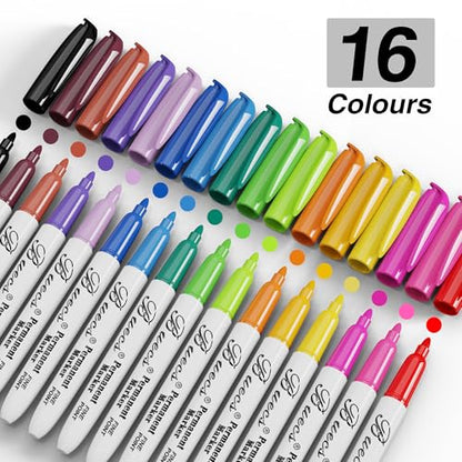 Buecs Permanent Markers, 96 Count Fine Point Permanent Markers, 16 colors, Waterproof & Smear Proof Markers, Quick Drying, Office Supplies for School, Office, Home