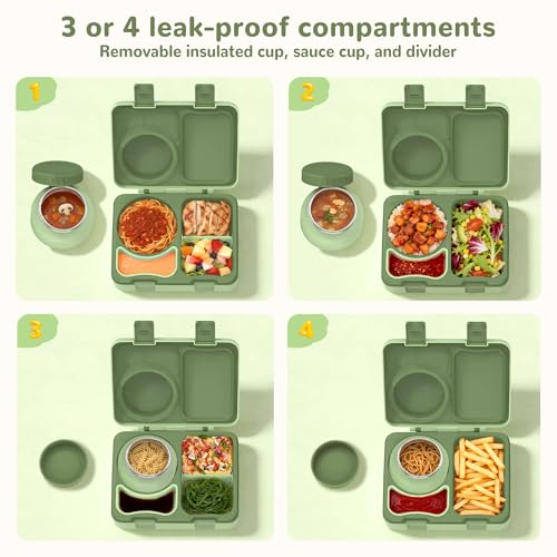 Bento Box for Kids, Leakproof Kids Bento Lunch Box Container with 8oz Insulated Thermo Food Jar, Sauce Jar, Utensil, DIY Stickers for School Boys Girls, 3-4 Compartments, BPA-Free - color: Pale Grass Green