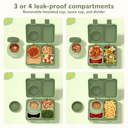 Bento Box for Kids, Leakproof Kids Bento Lunch Box Container with 8oz Insulated Thermo Food Jar, Sauce Jar, Utensil, DIY Stickers for School Boys Girls, 3-4 Compartments, BPA-Free - color: Pale Grass Green