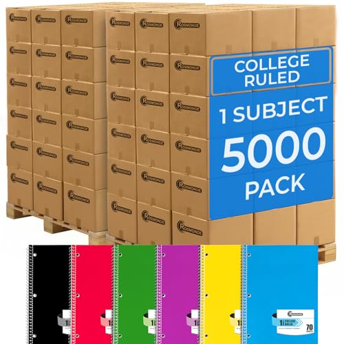 Rosmonde 5000 Packs (Pallet) 1 Subject Notebooks, College Ruled Notebook | Spiral Notebook Bulk, 70 Sheets (140 Pages), 8 x 10-1/2", Bulk Spiral Notebook for School District & Office, 4-7 Days Transit - size: 5000 Pack | District Pallet, style: 1 Subject