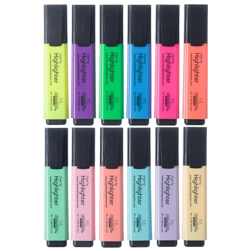 12 Highlighters, Chisel Tip Assorted Colors, Fluorescent and Pastel Colors | Bright chisel tips highlighters for studying, work, and planning
