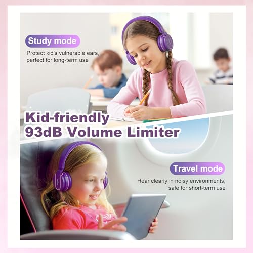 Kids Headphones, Wired Headphones for Kids On Ear with Microphone, 93dB Volume Limiter Headphone for Girls Boys, Foldable Lightweight Headphone for School Learning & Entertainment, Pink Purple - color: Pink Purple