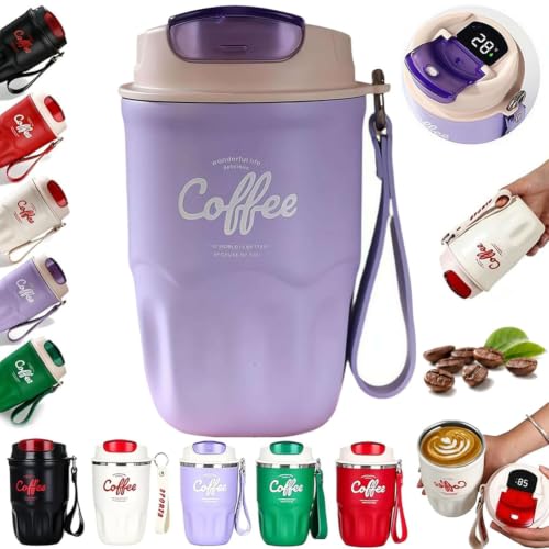 Coffee Vacuum Flask, Portable Coffee Cup with Lid & Handle,Stainless Steel Insulated Water Bottle,Travel Coffee Mug for Hot and Cold Drinks for Home, Office, Outdoor Travel, LED Temperature Display - color: Purple