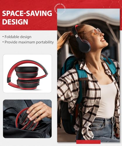rockpapa E7 Over Ear Wireless Bluetooth Headphones with Mic, Foldable Wired/Wireless Headphones with Microphone for Kids Childrens Boys Girls Teen Youth Adult Black Red - color: Black Red, style: without Case