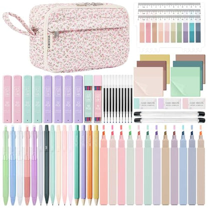 WOBAGMEN 62PCS Aesthetic School Supplies with Quilted Pencil Case, Pastel Highlighters, Gel Pens Mechanical Pencils Set, Cute Back to School Supplies, College Essentials(Pink Floral, M) - color: Pink Floral