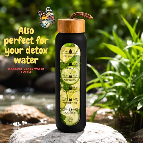 1 Litre Borosilicate Glass Water Bottle, Motivational Hydration Tracker Bottle with Bamboo Lid, Protective Silicone Sleeve | Reusable Bottle, Leak-Proof, BPA-Free, Time Marker, Black - color: Black