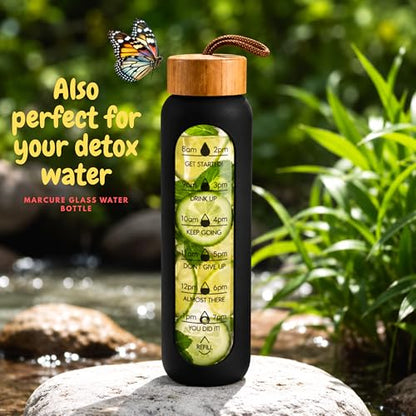 1 Litre Borosilicate Glass Water Bottle, Motivational Hydration Tracker Bottle with Bamboo Lid, Protective Silicone Sleeve | Reusable Bottle, Leak-Proof, BPA-Free, Time Marker, Black - color: Black