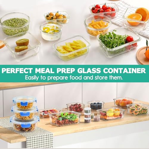 34pcs Glass Food Storage Containers with Lids Set, Airtight Glass Meal Prep Containers (17 Containers & 17 Lids), Leak Proof Lunch Container BPA-Free, Microwave, Oven, Freezer, Dishwasher Safe-Blue - color: Blue