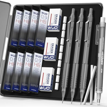 WUO 0.9mm Mechanical Pencil Set, 3 Grey Metal Drafting Pencils with 480 HB Lead Refills, Precision Eraser Pen, 4B Erasers & Case, Mechanical Pencils for Writing, Drawing, Sketching & School - color: Grey, size: 0.9