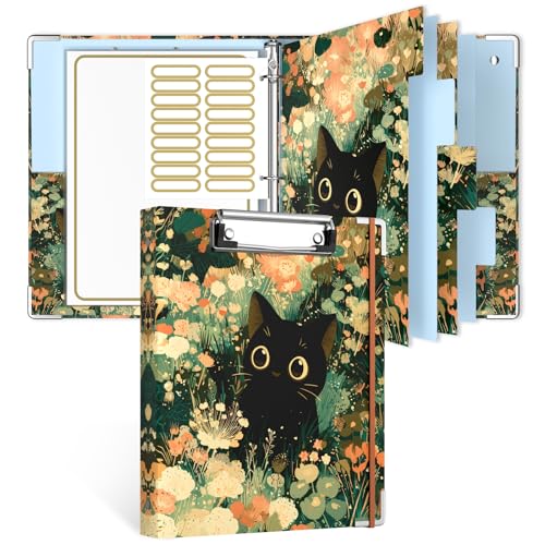 Rouidr Mini 3 Ring Binder with clipboard, 1 inch Round Binder Organizer, 8.5"x5.5" Cute Binder with 5 Dividers Tabs & Clear Sleeves, School Supplies, Office Supplies - color: Cute Cat, size: Mini 1in(8.5 x 5.5 in)
