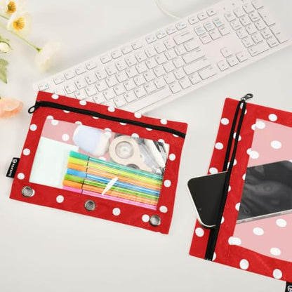 Binder Pencil Pouch for 3 Ring Binder Pencil Case Bags Red Polka Dot with Zipper Clear Window 2 Pack - color: Red Polka Dot