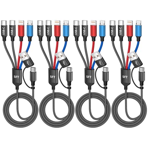 Travel Cruise Essentials 2026 4 in 2 Charging Cable with Dual Type-C Port, USBA/C Multi Charging Cable Cords, Multiple iPhone Charger Cord for iPhone17-8, Android, iPad, Car Accessories (4Packs 5FT) - color: Multicolored, size: 4Pack 5FT