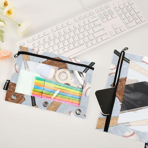 Baseball Pencil Pouches for 3 Ring Binder, Zipper Binder Pencil Case, 2 Pack Clear Window Case Bag for Office Organizers - color: Baseball
