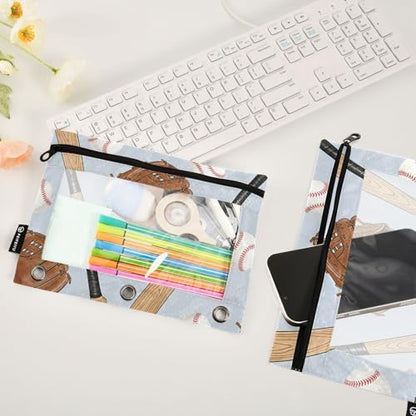 Baseball Pencil Pouches for 3 Ring Binder, Zipper Binder Pencil Case, 2 Pack Clear Window Case Bag for Office Organizers - color: Baseball