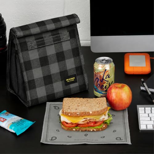 2nd Childhood Insulated Lunch Bag for Men, Durable & Reusable, Plaid Grey | Slim lunch bag with carry handle, two mesh side pockets and a back slip pocket; insulated liner keeps food cool - color: Buffalo Grey