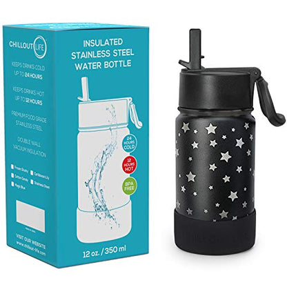 CHILLOUT LIFE 12oz Kids Insulated Stainless Steel Water Bottle with Leak Proof Straw Lid & 144 Stickers - color: Star Night Sky, style: 12 oz