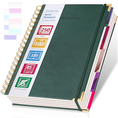 College Ruled Notebook, Spiral Notebook, Leather Hardcover Notebook Journal for Women Men, 5 Subject Notebook with Dividers, Journaling Notebooks for Work School, B5 Lined Notebook, 8" x 10", Green - color: Green, size: 8" x 10"