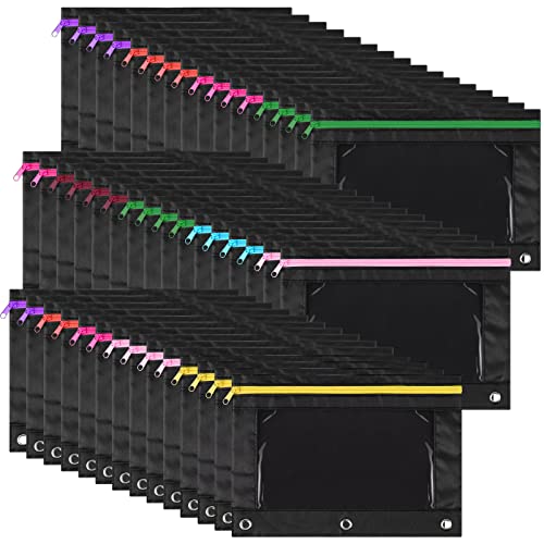 Leinuosen 64 Pack Black Pencil Pouch Bulk for 3 Ring Binder, Pencil Case with Colored Zipper and Clear Window Storage Bag for Office, Back to School Classroom Supplies - color: Black with Colorful Zip