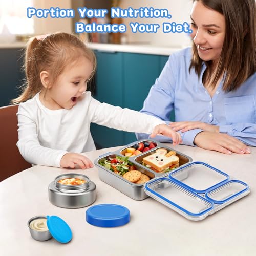 Pawtong Stainless Steel Bento Box Kids Adult with 7oz Insulated Food Jar, Transparent Lid Metal Lunch Box With Soup Thermal Jar, Lunch Box Container with Removable Divider & Sauce Cup School (Blue) - color: Blue