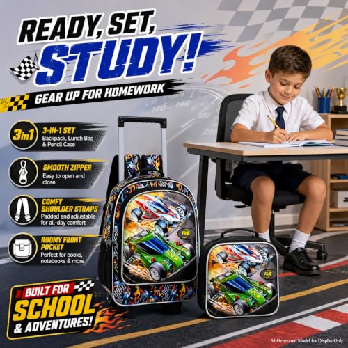 WZLVO 3PCS Kids Rolling Backpack, 18" Race Car Print Rolling Bookbag, Includes Matching Lunch Bag & Pencil Bag - Red Racing Speed - color: 3PCS Boys Rolling Backpack - Red Racing Speed