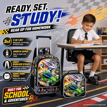 WZLVO 3PCS Kids Rolling Backpack, 18" Race Car Print Rolling Bookbag, Includes Matching Lunch Bag & Pencil Bag - Red Racing Speed - color: 3PCS Boys Rolling Backpack - Red Racing Speed