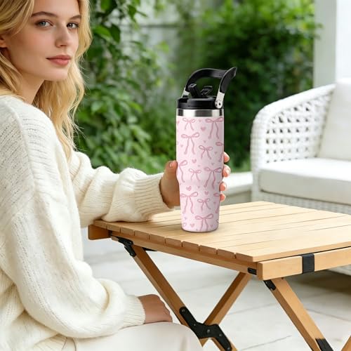 Pink Bow Tumbler 30oz with Handle – Stainless Steel Insulated Cup, Leakproof Water Bottle with Cute Bow Design for Women & Girls, Perfect Birthday Christmas Gift - color: Pink Bow, size: 30 Ounces