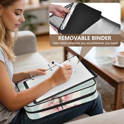 ALAZA Cute Cherry Flowers Stripes Zipper Binder with Handle, 7-Pocket Expanding File Folder, Detachable 3-Ring Binder, File Organizer for Home Office Work A4 Letter Size Paper Document