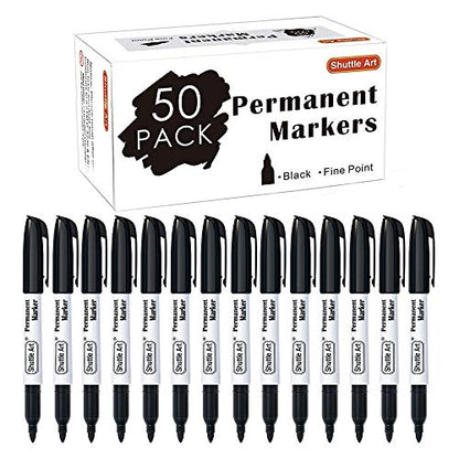 Shuttle Art Permanent Markers, 50 Pack Black Permanent Marker set,Fine Point, Works on Plastic,Wood,Stone,Metal and Glass for Doodling, Marking